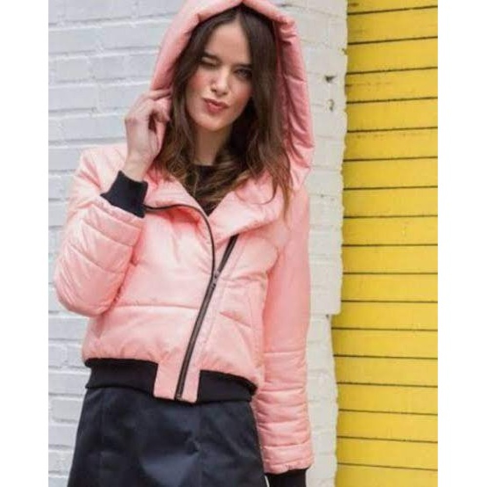 Vaute Couture "Jess" Puffer Coat in Apricot Pink - Size M - Made in USA Vegan